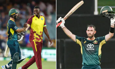 Jason Holder congratulates Glenn Maxwell