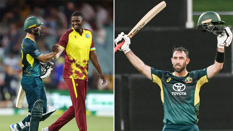 Jason Holder congratulates Glenn Maxwell