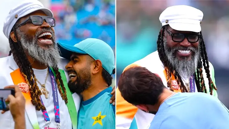 Gayle's special blazer with India-Pakistan flag colors