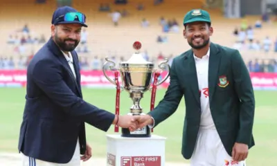 India and Bangladesh; Shanto and Rohit with Trophy